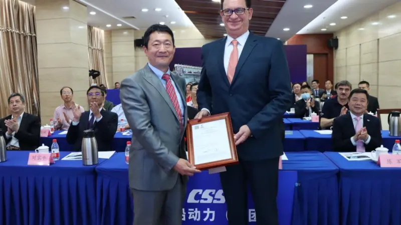 From the virtual ceremony hub in Shanghai, China. Pictured centre left to right: Frank Zhang, Managing Director, WinGD, China & Ersin Eren, Regional Director, Operations, Bureau Veritas, China.