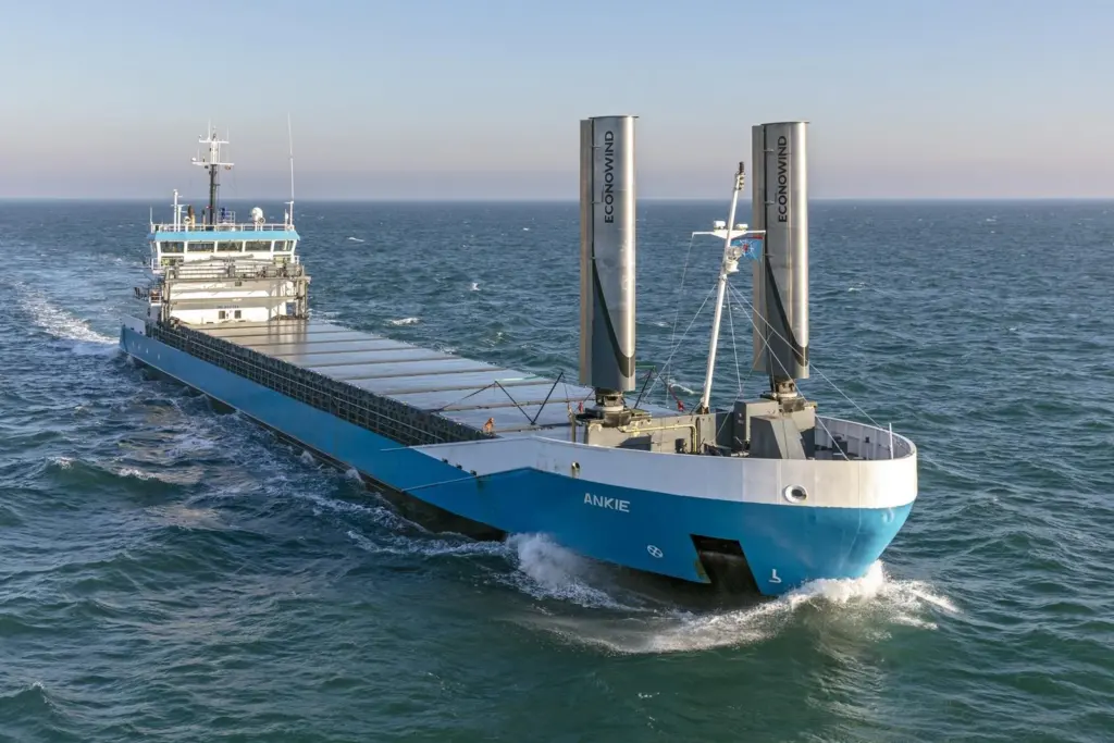 The Ventifoils on ‘MV Ankie’ will be extended to 16m, two potentially yielding more than four 10m containerised versions. Photo: eConowind
