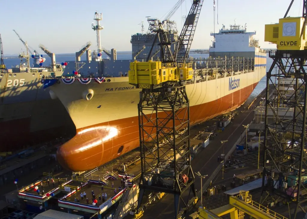 Matson Navigation's newest con-ro vessel was christened Matsonia and launched at the NASSCO shipyard in San Diego on 2 July 2020. (Image: Matson Navigation)