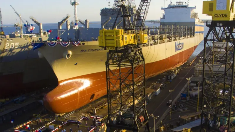 Matson Navigation's newest con-ro vessel was christened Matsonia and launched at the NASSCO shipyard in San Diego on 2 July 2020. (Image: Matson Navigation)