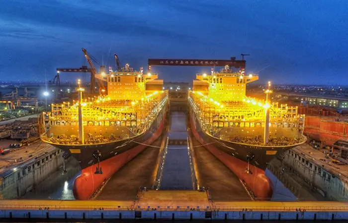 YM Triumph and YM Truth (pictured during construction) are the largest boxships to have been built at Jiangsu Yangzi Xinfu. (Image: Jiangsu Yangzijiang Shipbuilding Group)