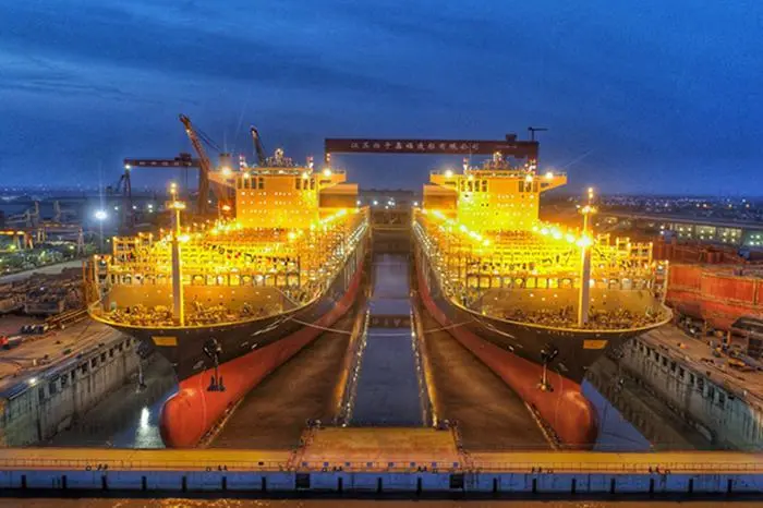 YM Triumph and YM Truth (pictured during construction) are the largest boxships to have been built at Jiangsu Yangzi Xinfu. (Image: Jiangsu Yangzijiang Shipbuilding Group)