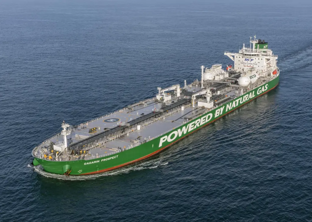 LNG-fuelling, such as on the 113,170dwt crude oil tanker Gagarin Prospect, will be essential to meet EEDI Phase 3 (Image: Sovcomflot)