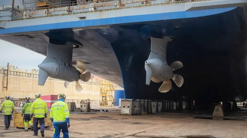 The vessel’s pair of 5.8MW Azipod units after installation. (credit: ABB)