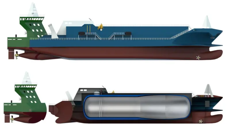 The design for NaviForm's Detachable Stern Vessel (DSV) eliminates the 12% fuel penalty incurred by traditional ATBs (credit: NaviForm)