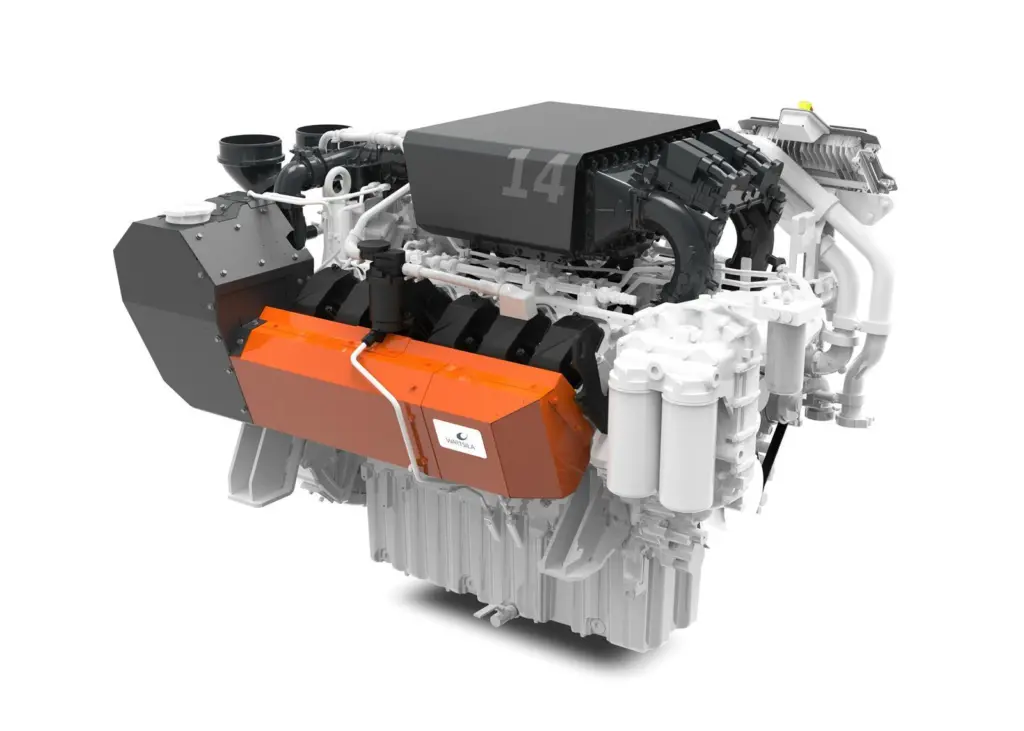 The high-speed Wärtsilä 14 engine complies with the stringent EU Stage V emissions standard for inland waterway vessels. (Copyright: Wärtsilä Corporation)