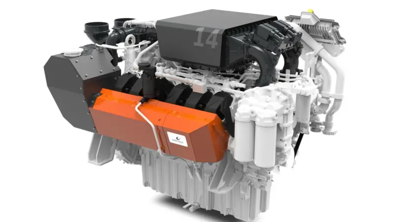 The high-speed Wärtsilä 14 engine complies with the stringent EU Stage V emissions standard for inland waterway vessels. (Copyright: Wärtsilä Corporation)
