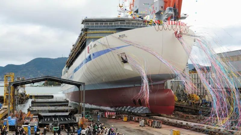 A market niche: ro-pax ferry launch at Mitsubishi’s Shimonoseki yard. (credit: MHI).
