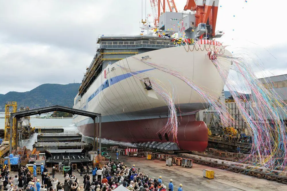 A market niche: ro-pax ferry launch at Mitsubishi’s Shimonoseki yard. (credit: MHI).