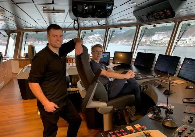 Chief officer, Alexander Mathisen, (l) and skipper, Sindre Waagø Photo: Børge Lorentzen, NFT.