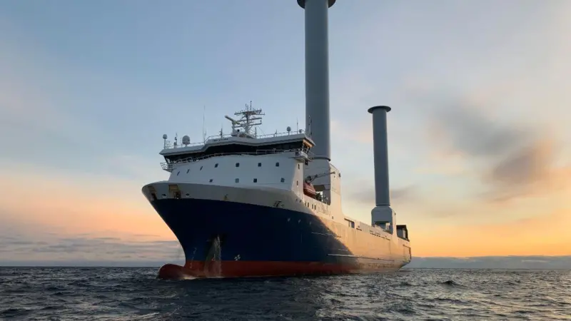 The installation on board the SC 'Connector' is said to be the world's first tiltable Rotor Sail Photo: Norsepower