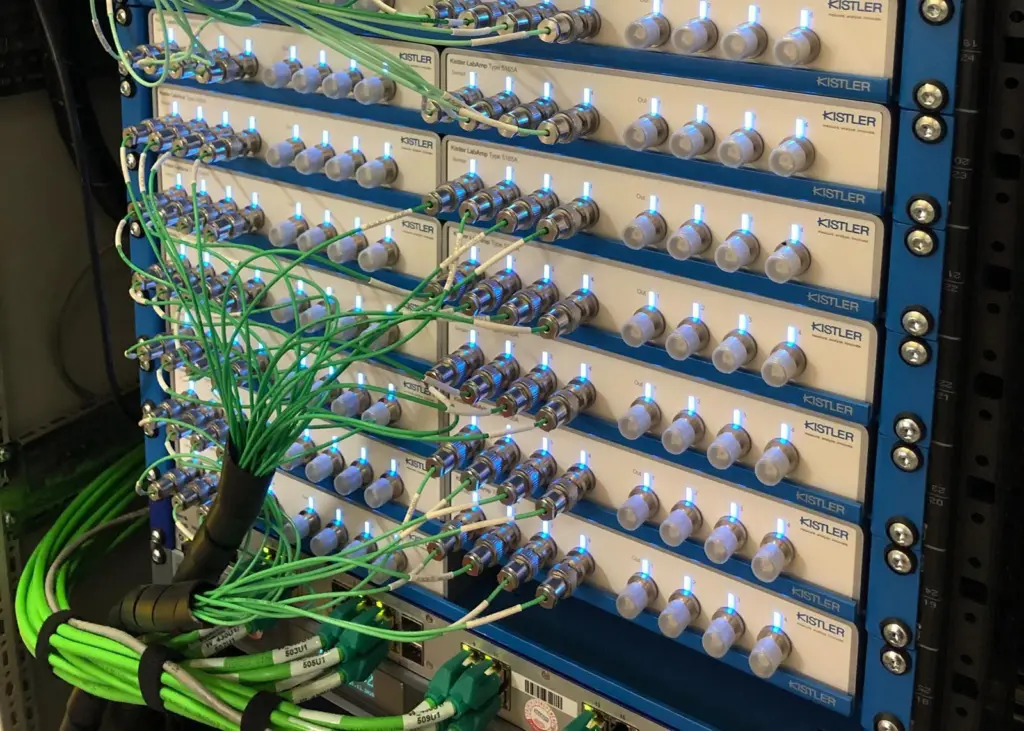 Accurately capturing wave impacts: signal processing and data acquisition for 100 pressure transducers are handled by 25 LabAmp charge amplifiers with automatic synchronization at 100 kHz. (credit: Kistler Group)
