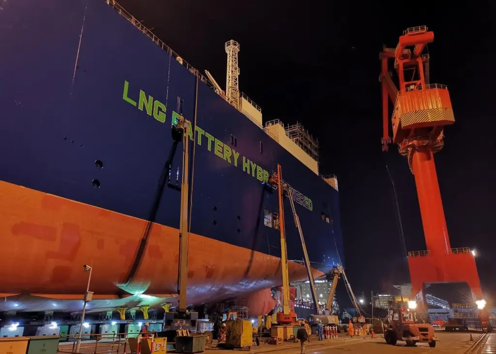 UECC's first LNG battery hybrid PCTC being prepared for launch in Shanghai Photo: UECC