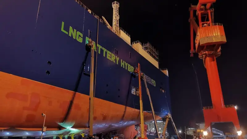 UECC's first LNG battery hybrid PCTC being prepared for launch in Shanghai Photo: UECC