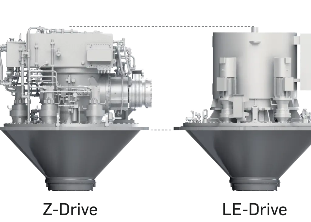 The installation height of the LE-Drive, including the electric motor installed on top of it, is comparable to that of a Z-Drive. (credit: Schottel)