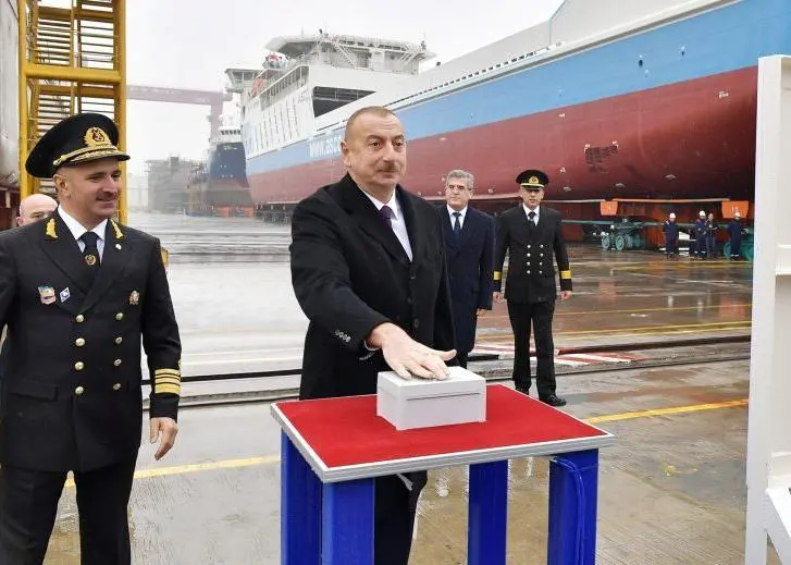 President Ilham Aliyev of Azerbaijan at the launch of the Azerbaijan at Baku Shipyard in December 2019 (credit: Baku Shipyard)