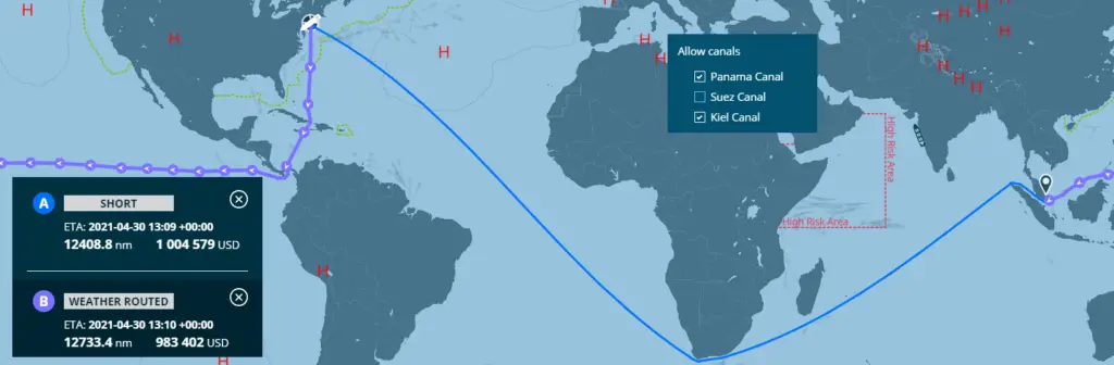 A NAPA study identified more efficient routes from New York to Singapore during the recent Suez Canal disruption. (credit: NAPA)