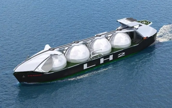 A rendering of a large LH2 carrier featuring four x 40,000cbm containment tanks. (credit: Kawasaki)