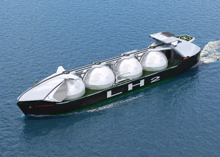 A rendering of a large LH2 carrier featuring four x 40,000cbm containment tanks. (credit: Kawasaki)