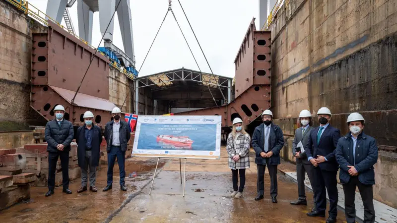 The keel laying ceremony for the new 5,000cbm LNG bunker vessel was held at Astilleros Armon Gijon shipyard in mid March. (credit: Enagas)