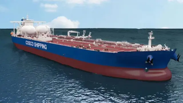A rendering of the first dual-fuel VLCC and its twin Type C 3,500cbm fuel tanks. (Copyright: DSIC)