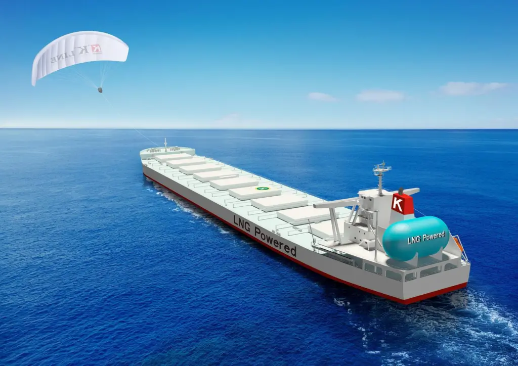 Japanese steelmaker JFE Steel has agreed long term charters for 3 x LNG-fuelled Newcastlemaxes with NYK, MOL and K Line. The last vessel will feature the first installation of Airseas' Seawing solution upon a bulker. (credit: K Line)