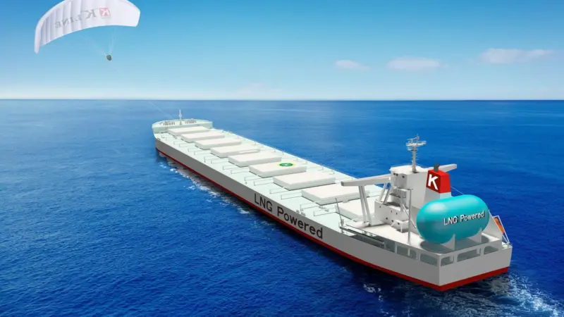 Japanese steelmaker JFE Steel has agreed long term charters for 3 x LNG-fuelled Newcastlemaxes with NYK, MOL and K Line. The last vessel will feature the first installation of Airseas' Seawing solution upon a bulker. (credit: K Line)