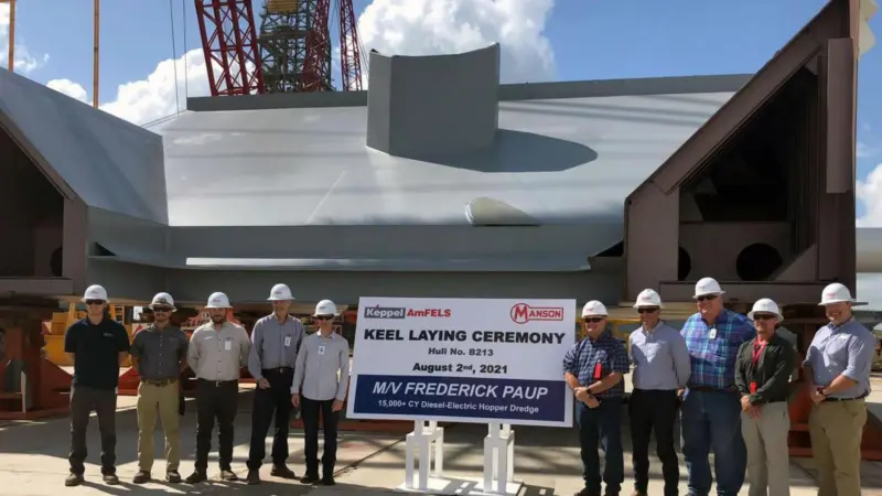 The Manson Construction Co. project management team and leadership at the keel laying ceremony on 2 August 2021. (credit: Manson Construction Co.)