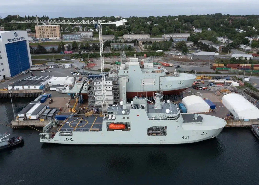 The HMCS Margaret Brooke (front) was delivered on 15 July. The third Harry DeWolf-class vessel (back) will be launched in autumn 2021. (credit: Irving Shipbuilding Inc.)