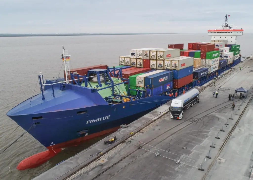 The containership ElbBLUE bunkered green SNG (Synthetic Natural Gas) at the Elbe port in Brunsbüttel, Germany on 29 September 2021.