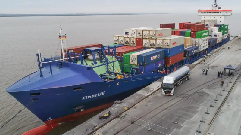 The containership ElbBLUE bunkered green SNG (Synthetic Natural Gas) at the Elbe port in Brunsbüttel, Germany on 29 September 2021.