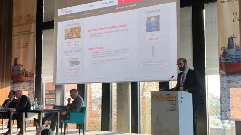 Nikolaos Kotakis, Technical Director, Lubmarine at TotalEnergies, speaking at the Motorship Propulsion and Future Fuels event in 2018.