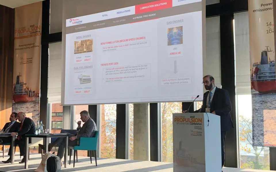 Nikolaos Kotakis, Technical Director, Lubmarine at TotalEnergies, speaking at the Motorship Propulsion and Future Fuels event in 2018.