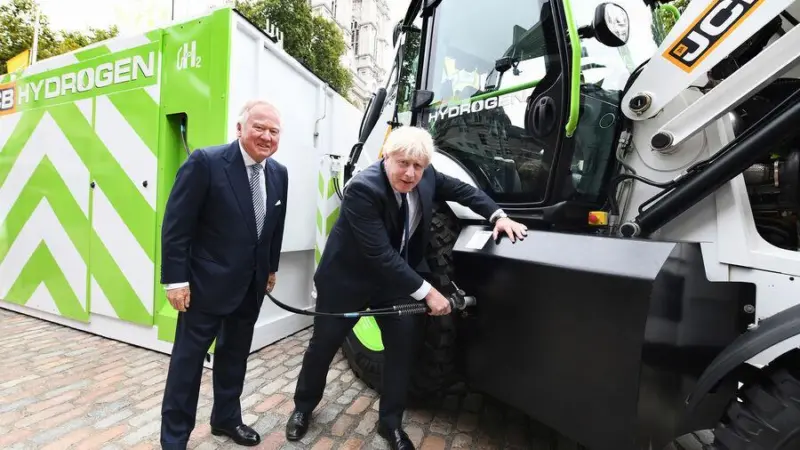 JCB has unveiled a prototype hydrogen powered JCB backhoe loader and a Loadall telescopic handler at an event attended by UK Prime Minister Boris Johnson