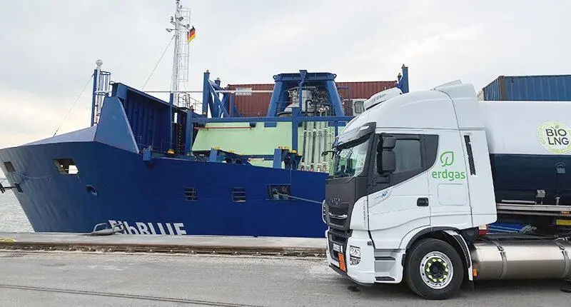 The ElbBLUE bunkering green SNG at Elbe port in Brunsbüttel, Germany on 29 September.