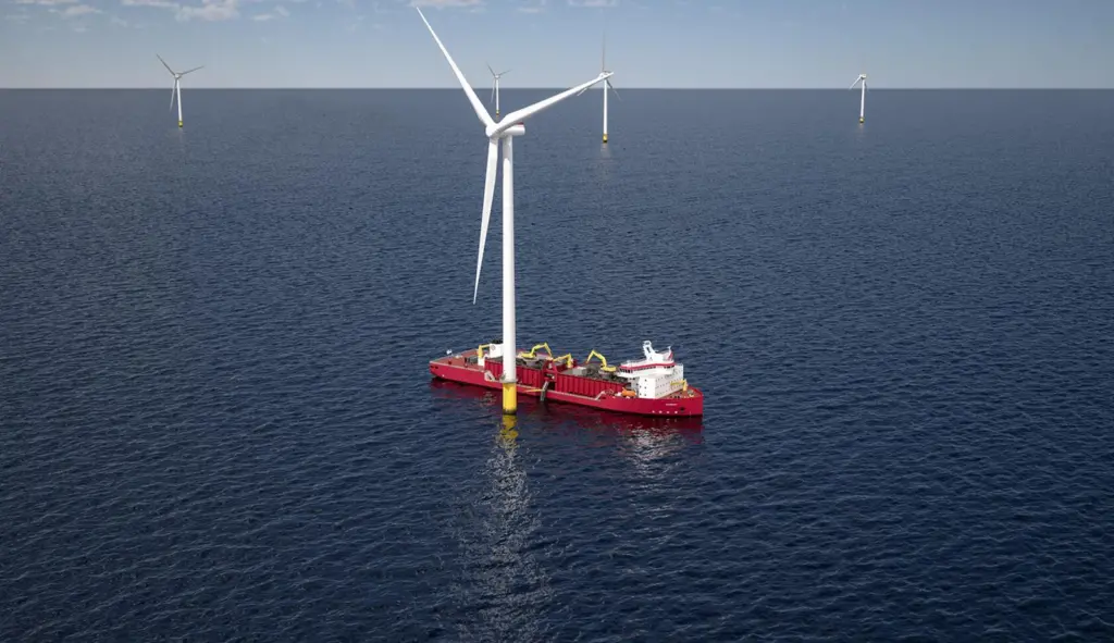 A new direction for US shipbuilding: a subsea rock installation vessel to be used in wind farm schemes.