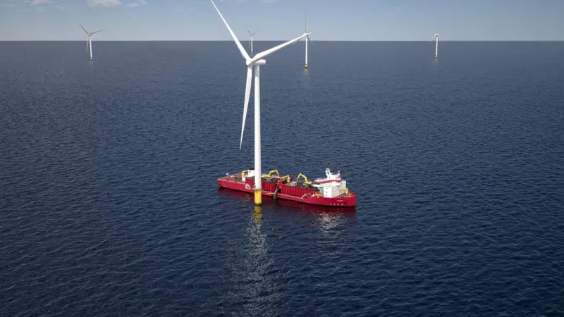 A new direction for US shipbuilding: a subsea rock installation vessel to be used in wind farm schemes.