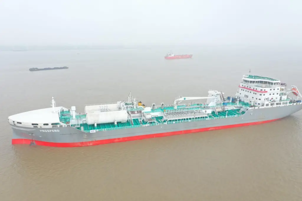 Chinese-built Prospero, with funnel on deck for passage under Nanjing Bridge on the Yangtze.