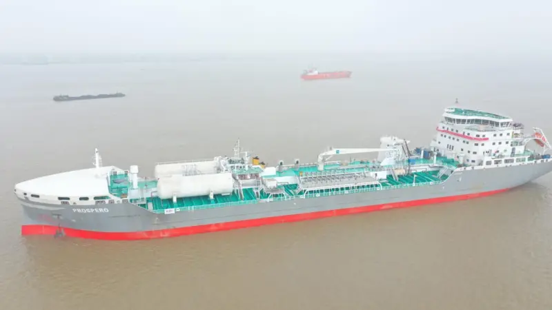 Chinese-built Prospero, with funnel on deck for passage under Nanjing Bridge on the Yangtze.