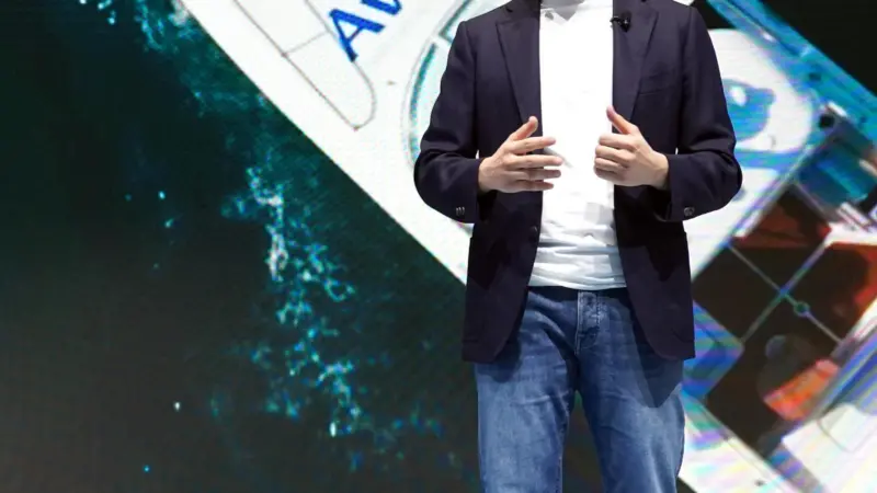 Kisun Chung, CEO of Hyundai Heavy Industries Holdings, makes a presentation about the Group's future vision at a press conference held during CES in Las Vegas on January 5, 2022