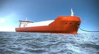 A rendering of a liquified CO2 carrier with bow loading system