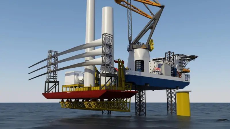 The new WTIV design incorporates an innovative solution that eliminates relative motions between the barge and the vessel.