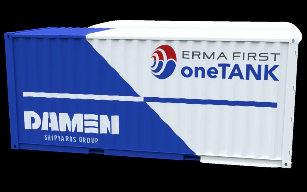 Damen is installing a temporary BWTS using the compact oneTANK solution inside a deck-mounted TEU on board an older vessel