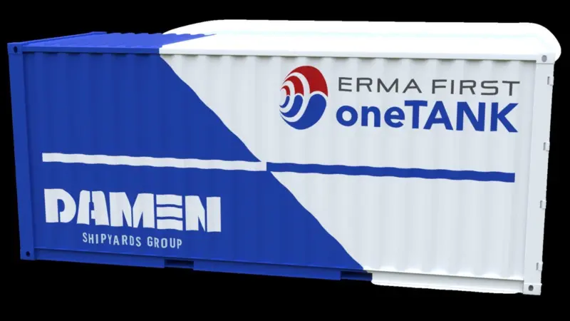 Damen is installing a temporary BWTS using the compact oneTANK solution inside a deck-mounted TEU on board an older vessel