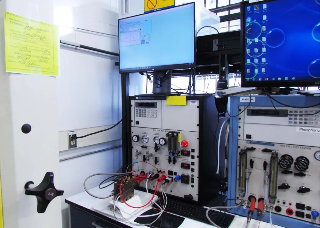 A look inside the high-temperature proton exchange membrane fuel cell testing station at Los Alamos National Laboratory.