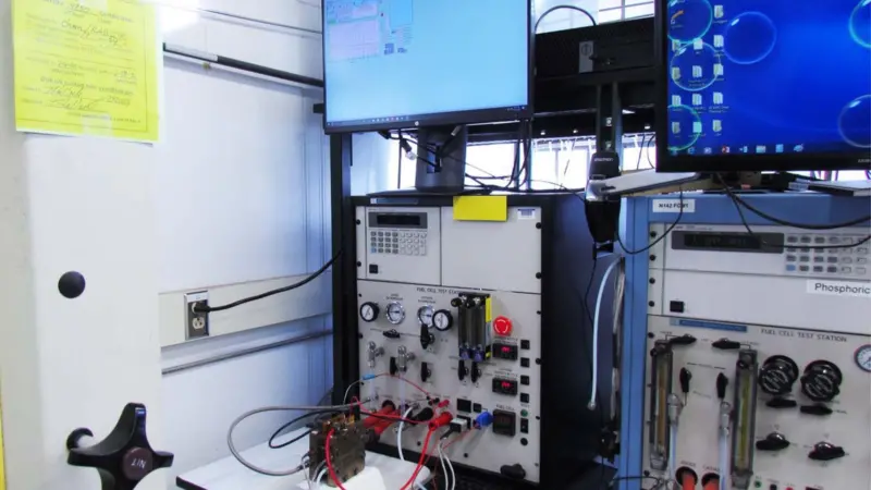 A look inside the high-temperature proton exchange membrane fuel cell testing station at Los Alamos National Laboratory.
