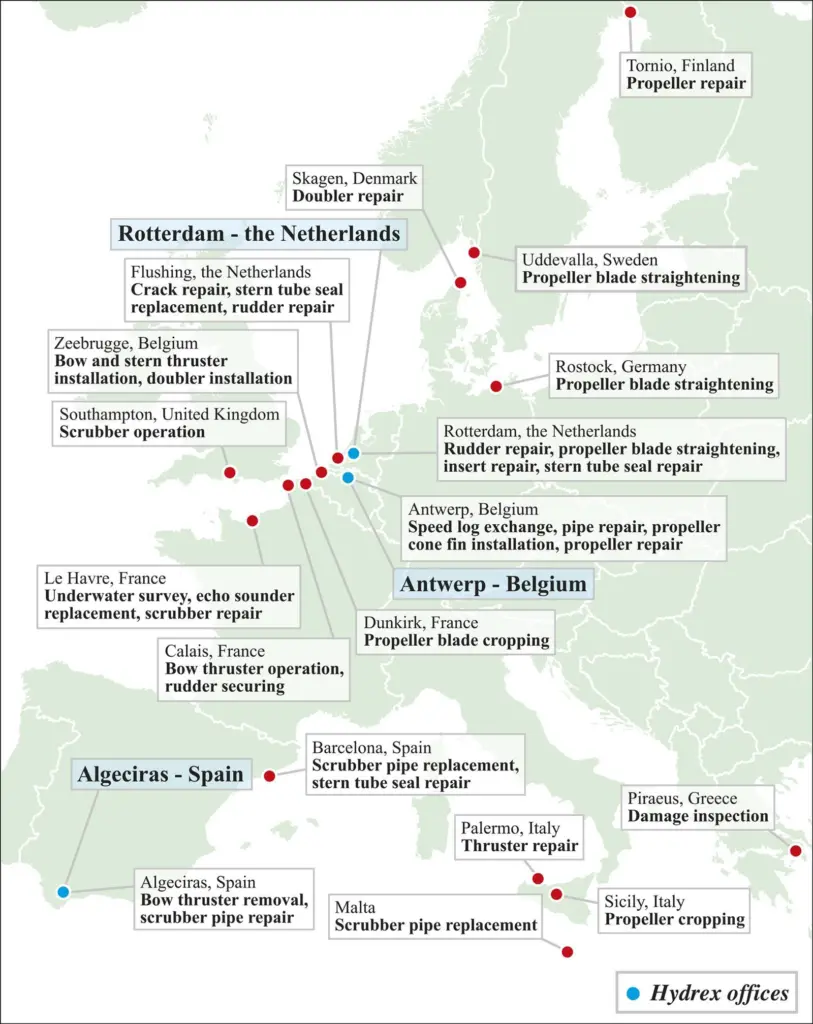 This year Hydrex carried out underwater repairs all across Europe.