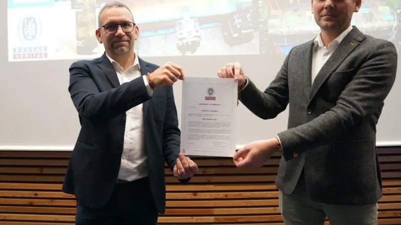 Bureau Veritas has delivered an AiP to InfraCore Company for its design, modelling, production and testing of a full glass fibre-reinforced polymer rudder flap for an 18,500 TEU container ship.