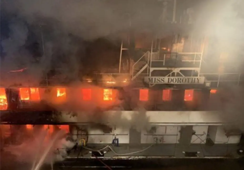 Starboard side of the Miss Dorothy during firefighting efforts from the towing vessel Christopher Wilson.