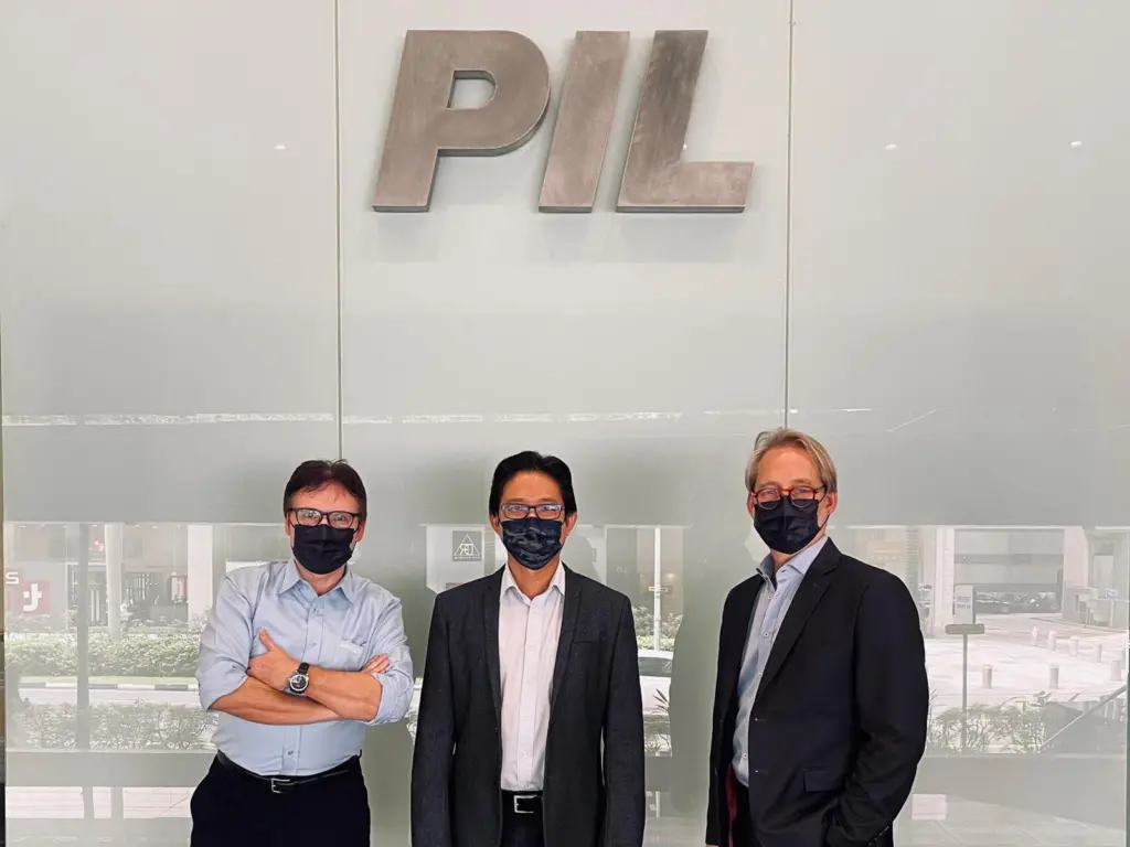 Roger Specker, WinGD Managing Director, South East Asia; Mr. Goh Chung Hun, Pacific International Lines, General Manager, Fleet and Volkmar Galke, WinGD Director Sales